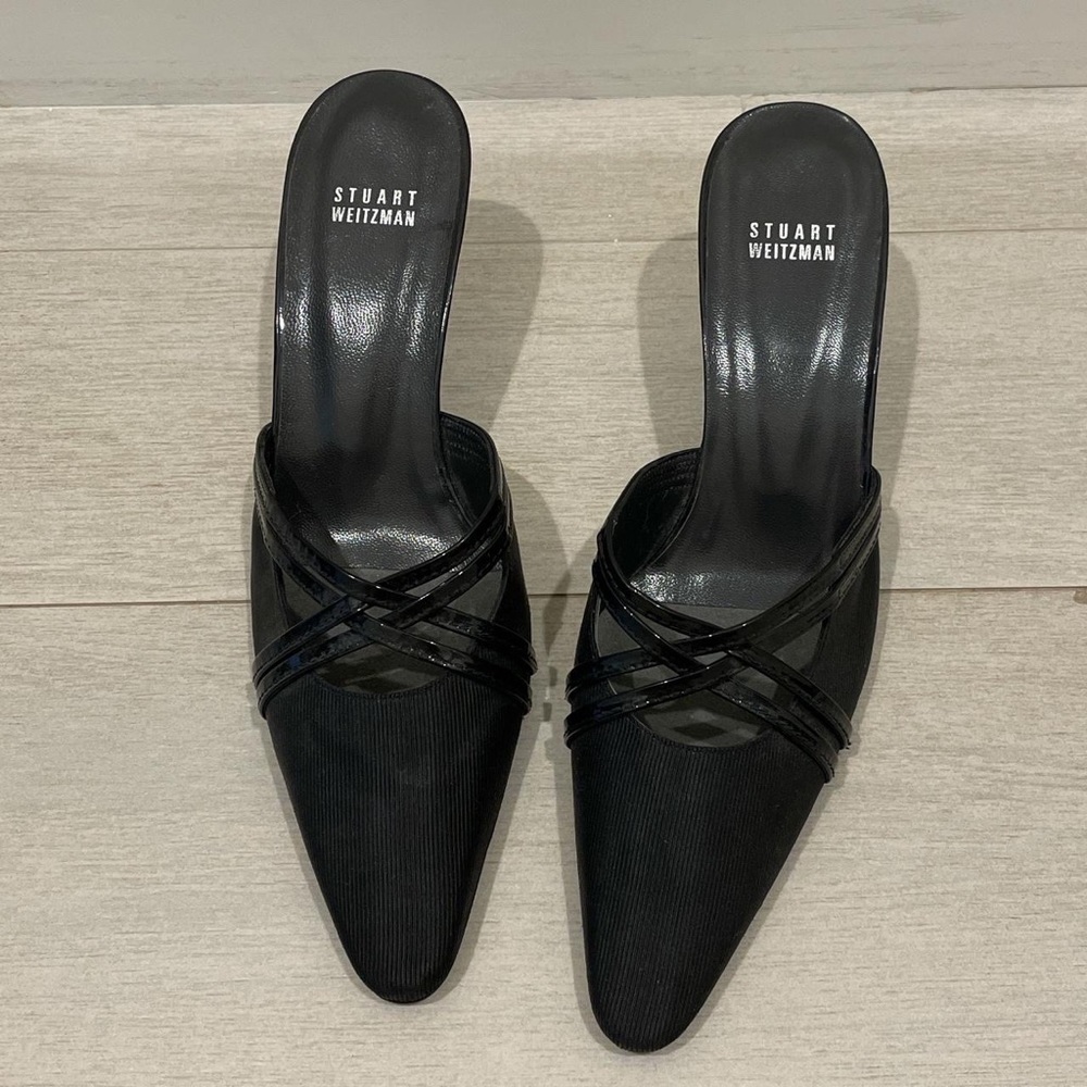 stuart weitzman black leather/fabric heels